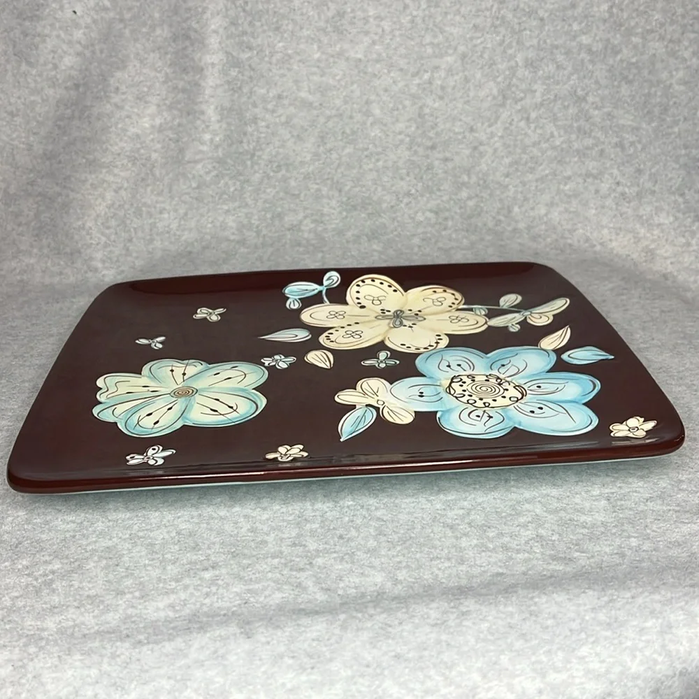 Pier 1 Imports Cassidy Platter Hand Painted Earthenware Brown White Blue Floral